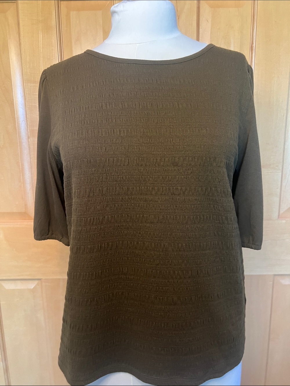 Talbots Olive Green Textured Short Sleeve Crewneck Top